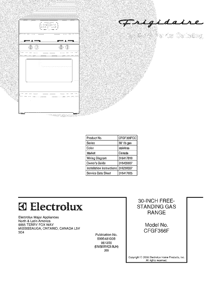 COVER Diagram and Parts List for CFGF366FCC  Frigidaire Range