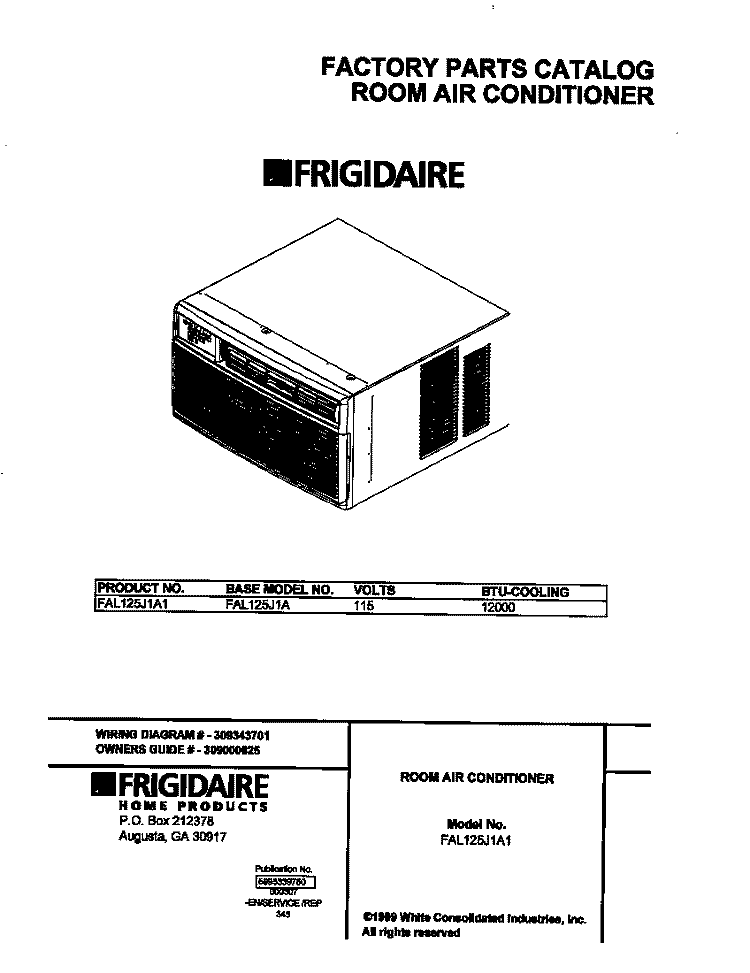 COVER Diagram and Parts List for FAL125J1A1  Frigidaire Air Conditioner