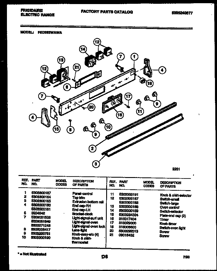 CONTROL PANEL Diagram and Parts List for FED353WAW1  Frigidaire Range