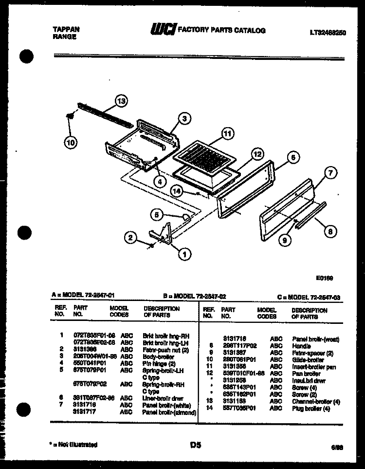 BROILER DRAWER PARTS Diagram and Parts List for 72-2547-66-02  Tappan Range