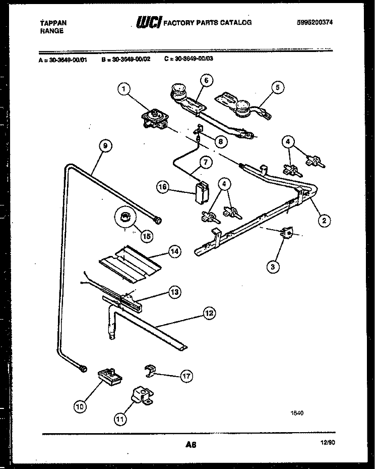 BURNER, MANIFOLD AND GAS CONTROL Diagram and Parts List for 30-3649-23-01  Tappan Range