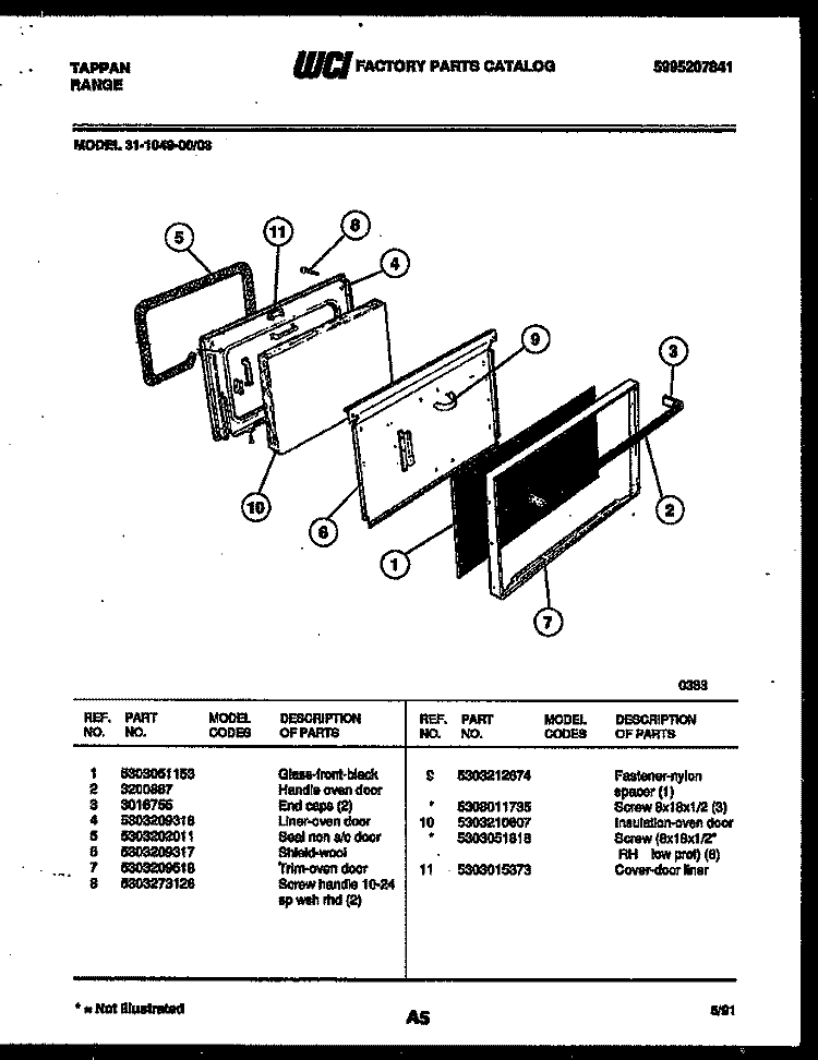 DOOR PARTS Diagram and Parts List for 31-1049-00-03  Tappan Range