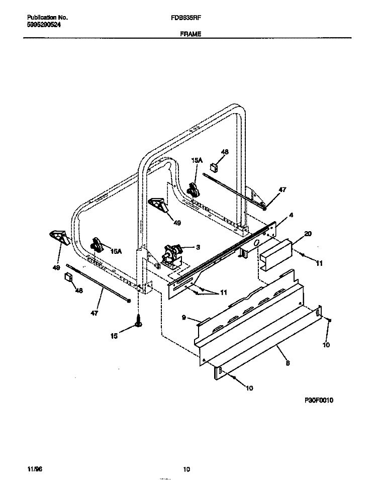 FRAME Diagram and Parts List for FDB635RFR1  Frigidaire Dishwasher