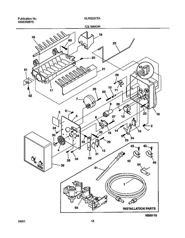 ICE MAKER Diagram and Parts List for GLRS237ZAW2  Frigidaire Refrigerator