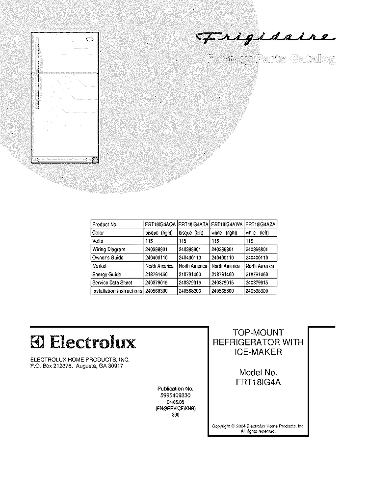 COVER Diagram and Parts List for FRT18IG4AWA  Frigidaire Refrigerator