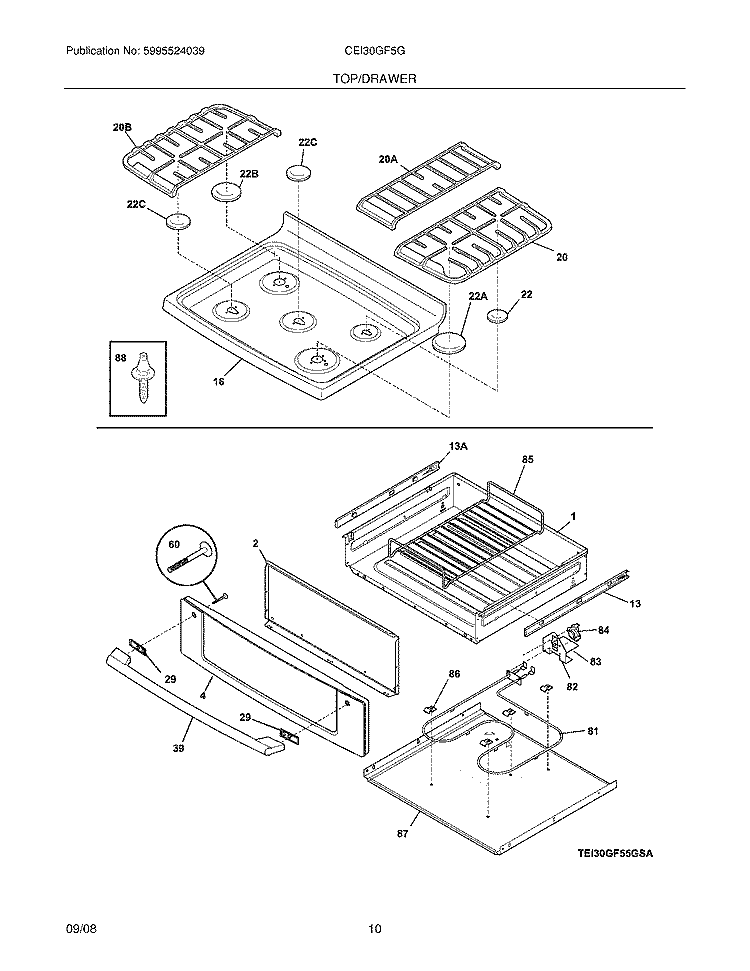 TOP/DRAWER Diagram and Parts List for CEI30GF5GSB  Electrolux Range