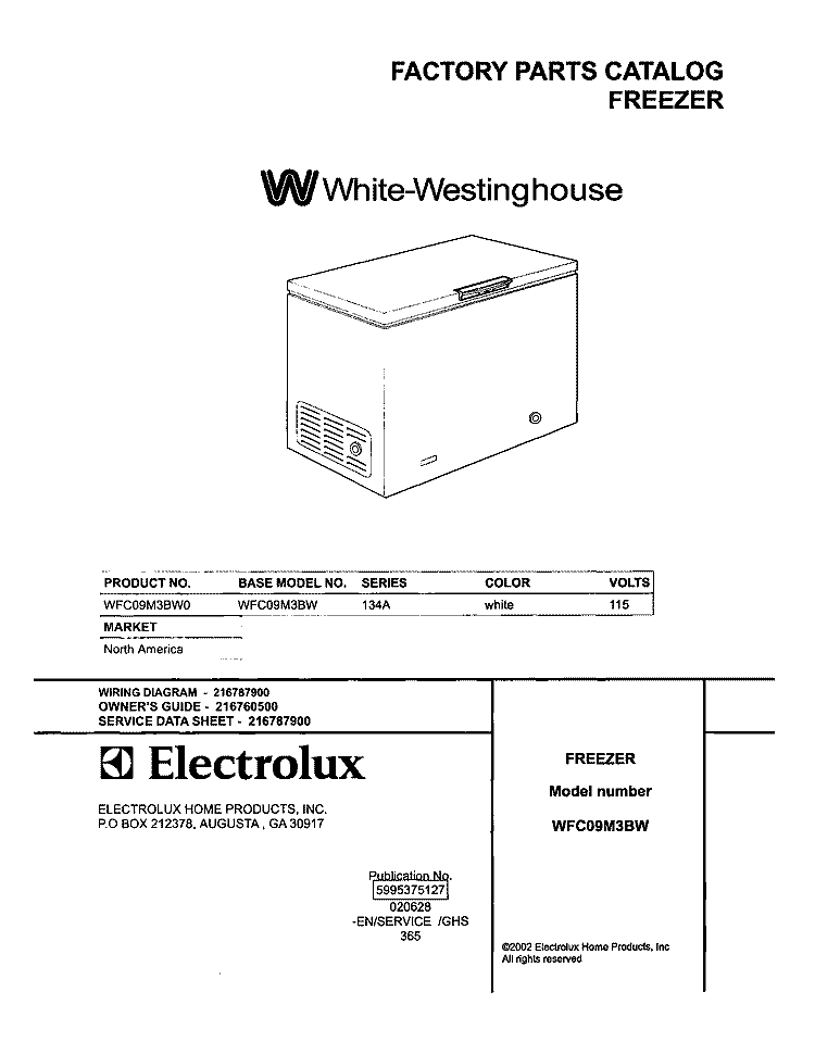 COVER Diagram and Parts List for WFC09M3BW0  Westinghouse Freezer