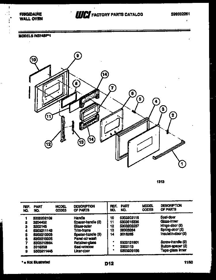 DOOR PARTS Diagram and Parts List for RG74BFB1  Frigidaire Wall Oven