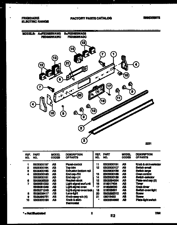 CONTROL PANEL Diagram and Parts List for FED353WAW3  Frigidaire Range