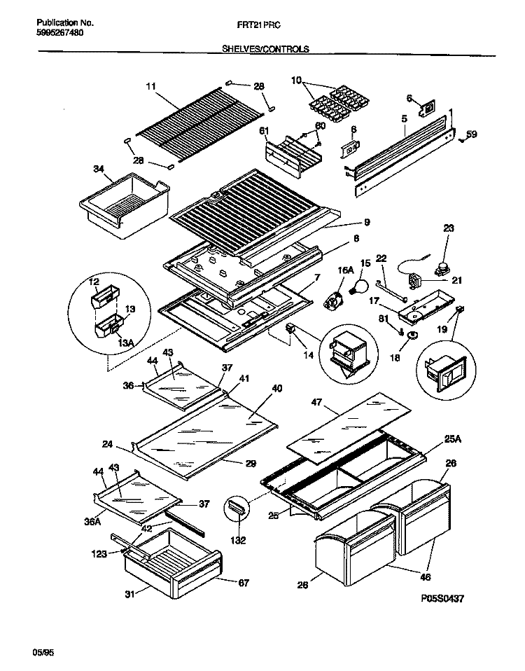 SHELVES / CONTROLS Diagram and Parts List for FRT21PRCW0  Frigidaire Refrigerator