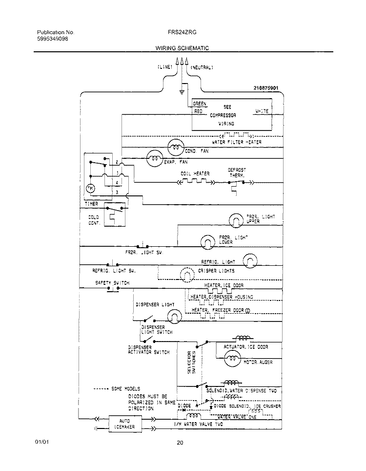 WIRING SCHEMATIC Diagram and Parts List for FRS24ZRGW1  Frigidaire Refrigerator