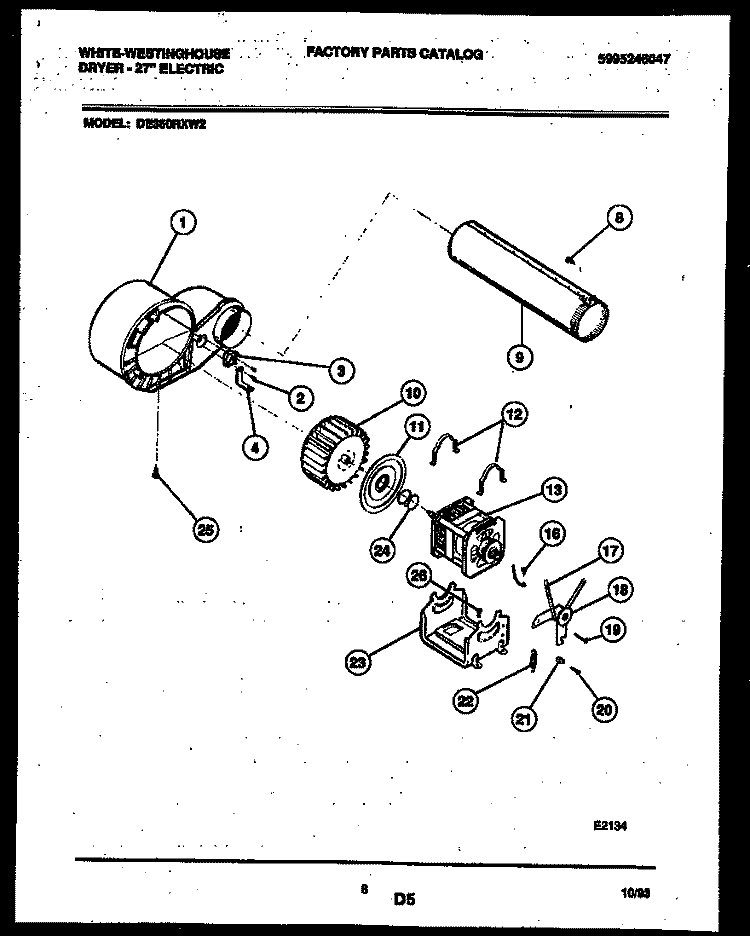 BLOWER AND DRIVE PARTS Diagram and Parts List for DE350RXD2  Frigidaire Dryer