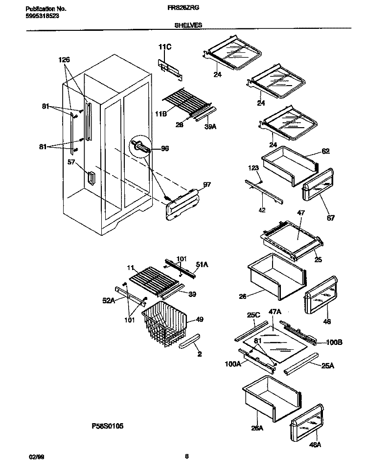SHELVES Diagram and Parts List for FRS26ZRGW4  Frigidaire Refrigerator
