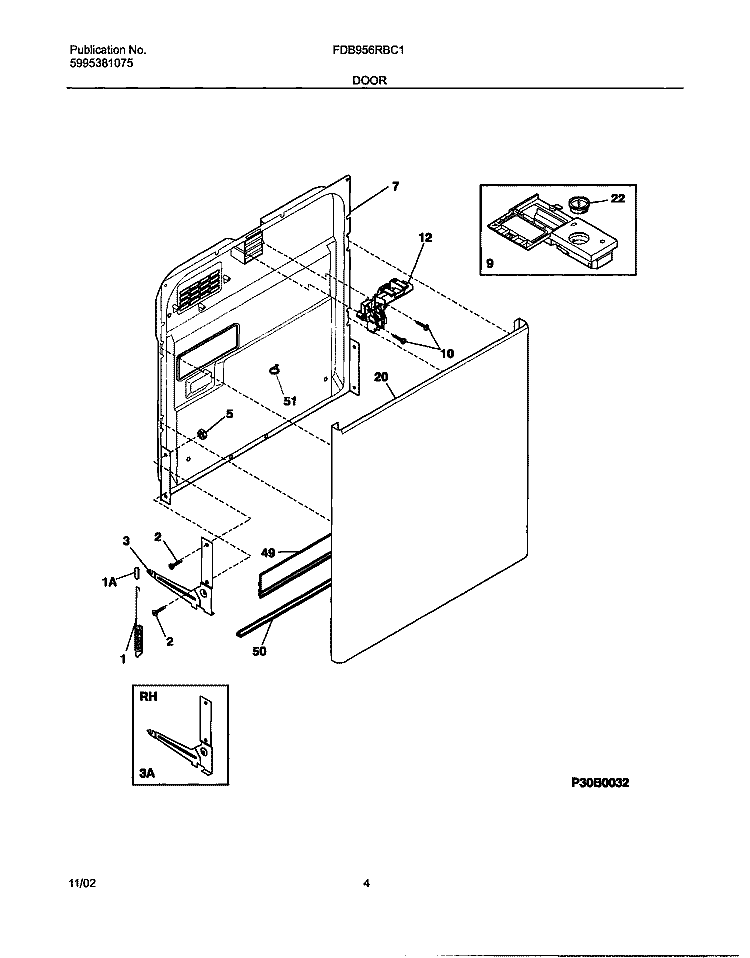 DOOR Diagram and Parts List for FDB956RBC1  Frigidaire Dishwasher