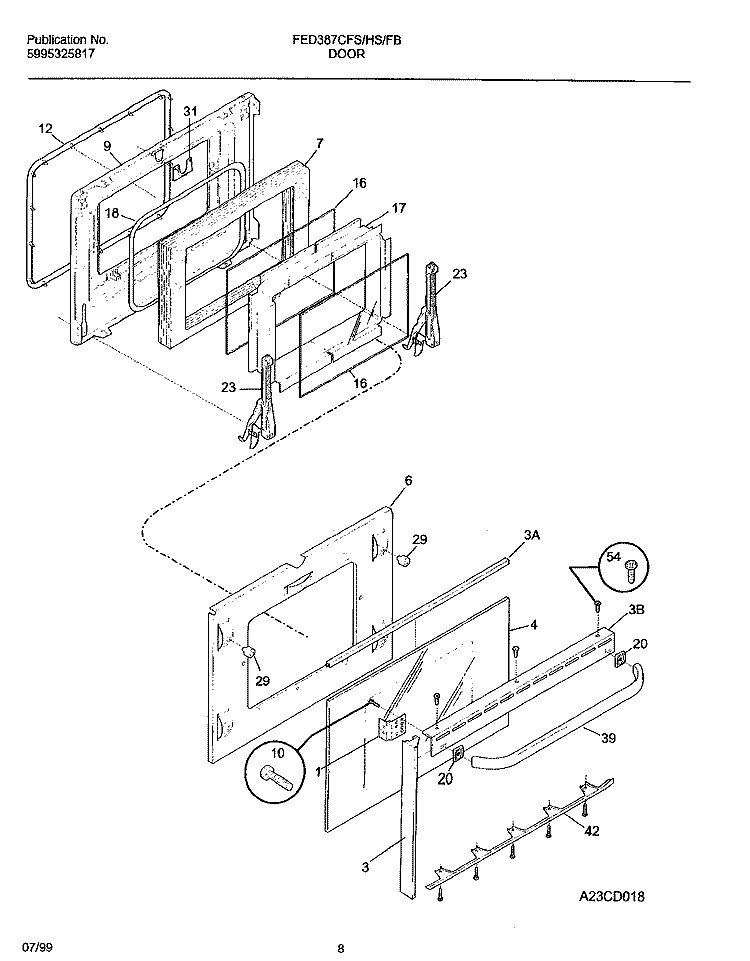 DOOR Diagram and Parts List for FED387CFBF  Frigidaire Wall Oven