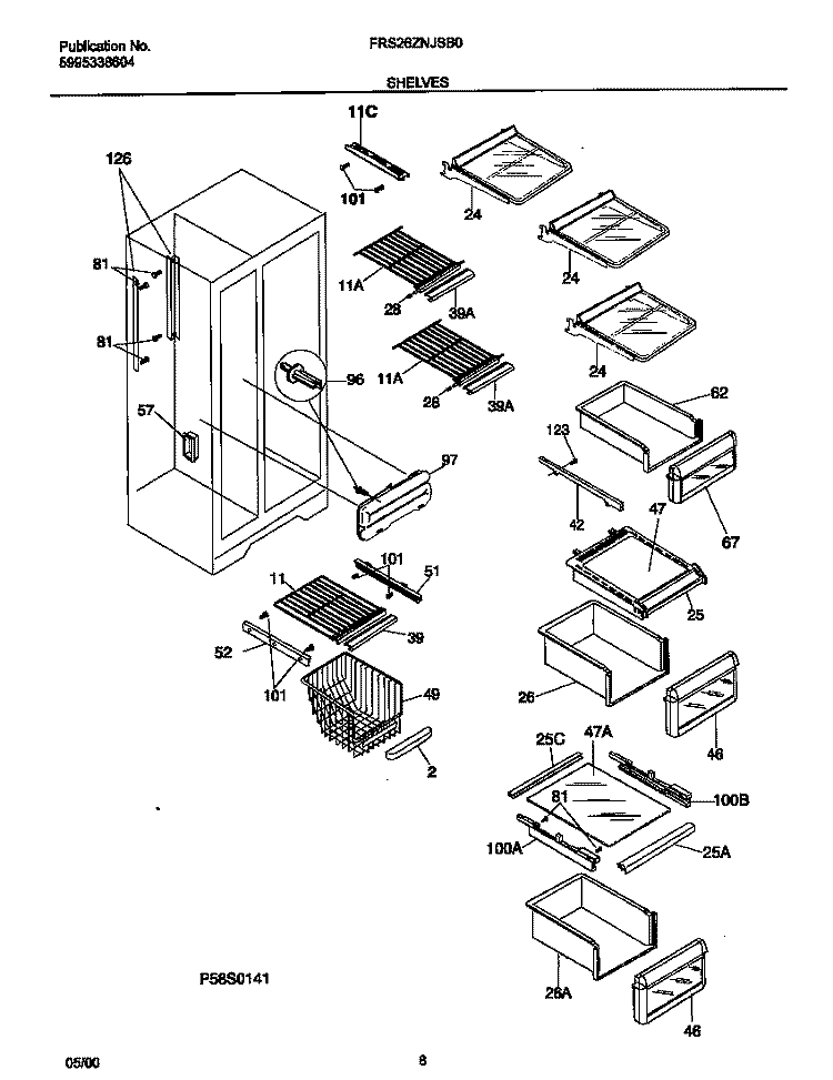 SHELVES Diagram and Parts List for FRS26ZNJSB0  Frigidaire Refrigerator