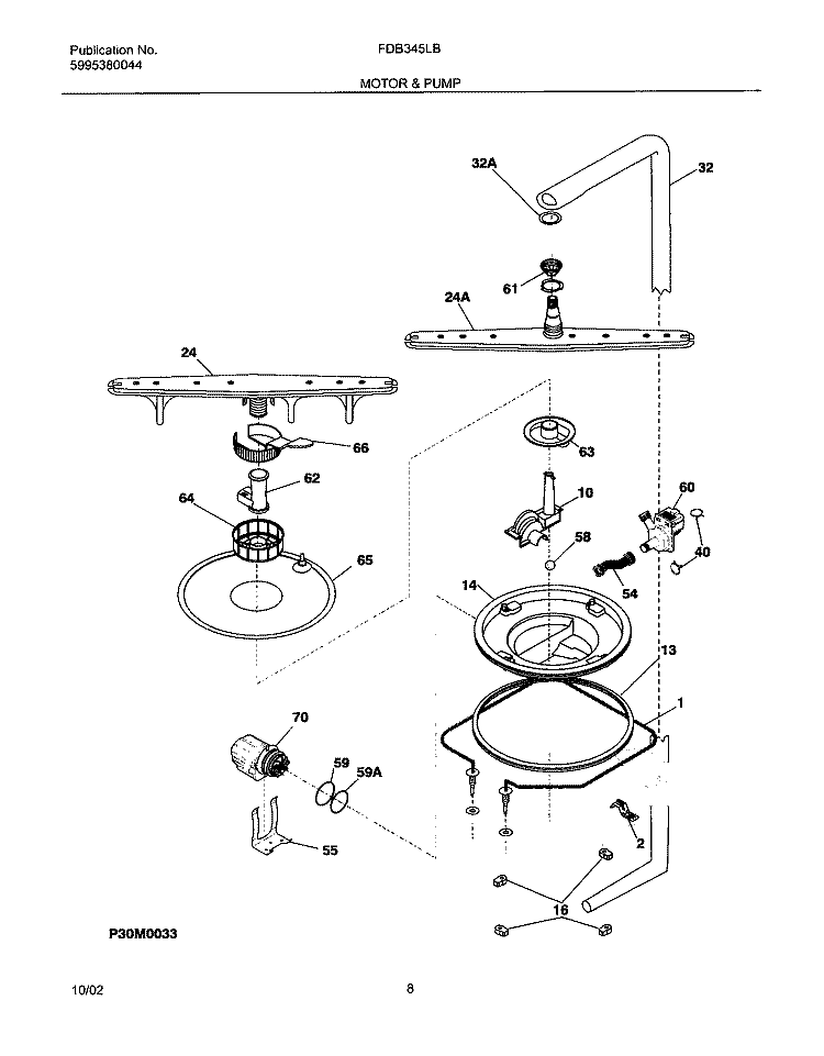 MOTOR & PUMP Diagram and Parts List for FDB345LBS1  Frigidaire Dishwasher