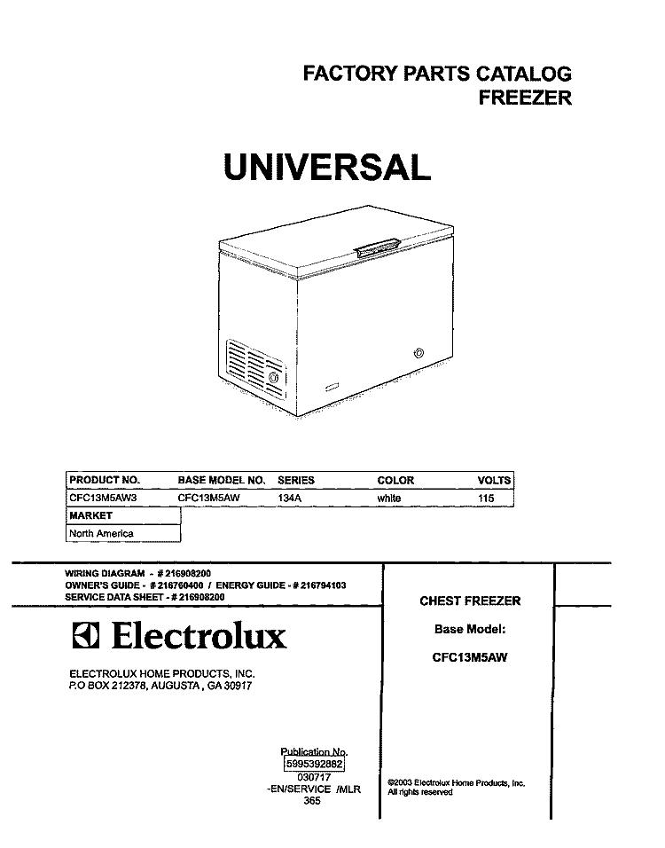 COVER Diagram and Parts List for CFC13M5AW3  Uni Freezer