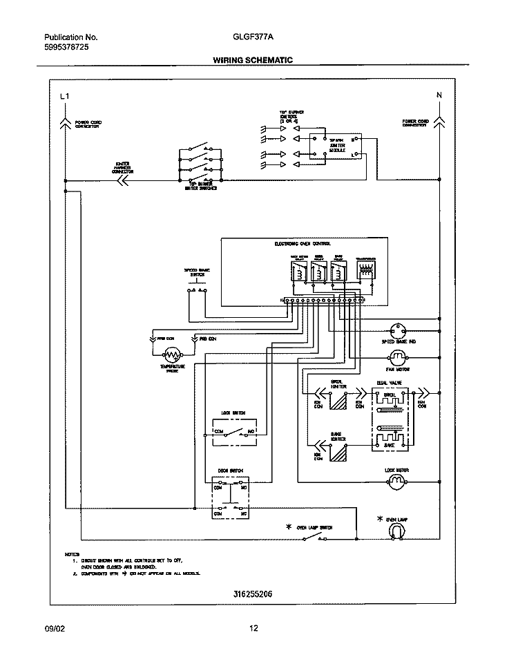 WIRING SCHEMATIC Diagram and Parts List for GLGF377AQF  Frigidaire Range