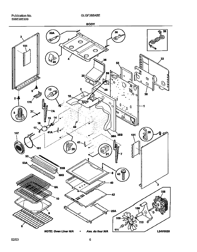 BODY Diagram and Parts List for GLGF388ABE  Frigidaire Range