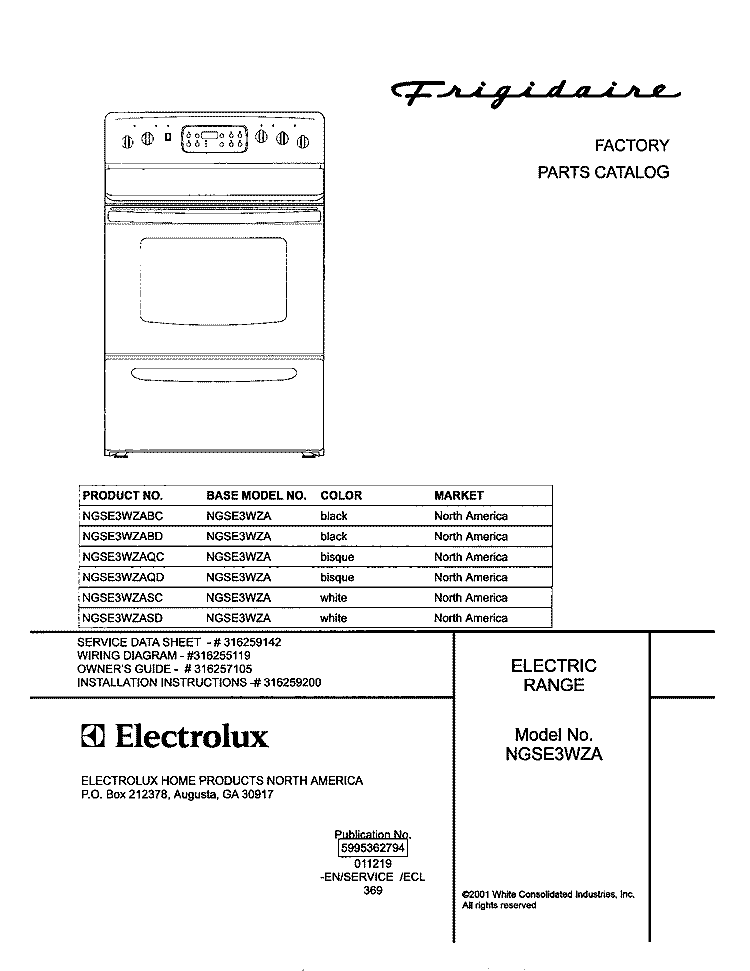 COVER Diagram and Parts List for NGSE3WZAQC  Frigidaire Range