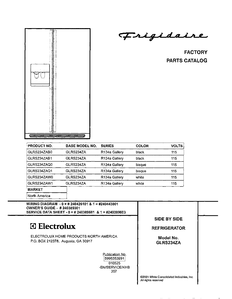 COVER Diagram and Parts List for GLRS234ZAW1  Frigidaire Refrigerator