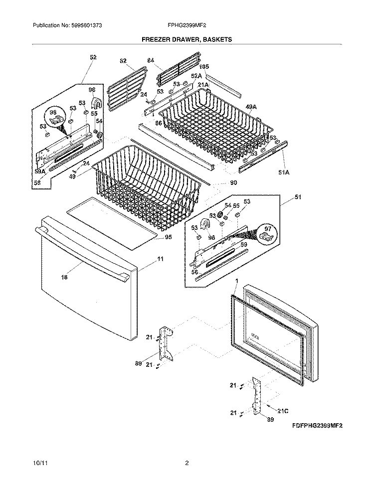 FREEZER DRAWER/BASKETS Diagram and Parts List for FPHG2399MF2  Frigidaire Refrigerator