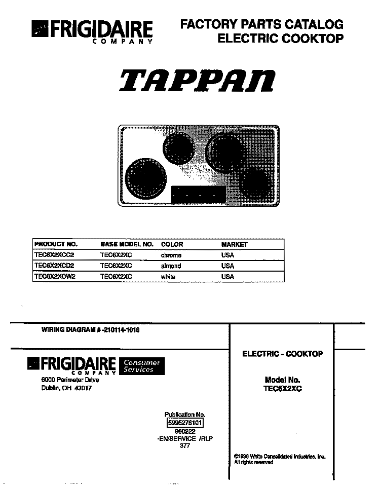 COVER Diagram and Parts List for TEC6X2XCC2  Tappan Cooktop