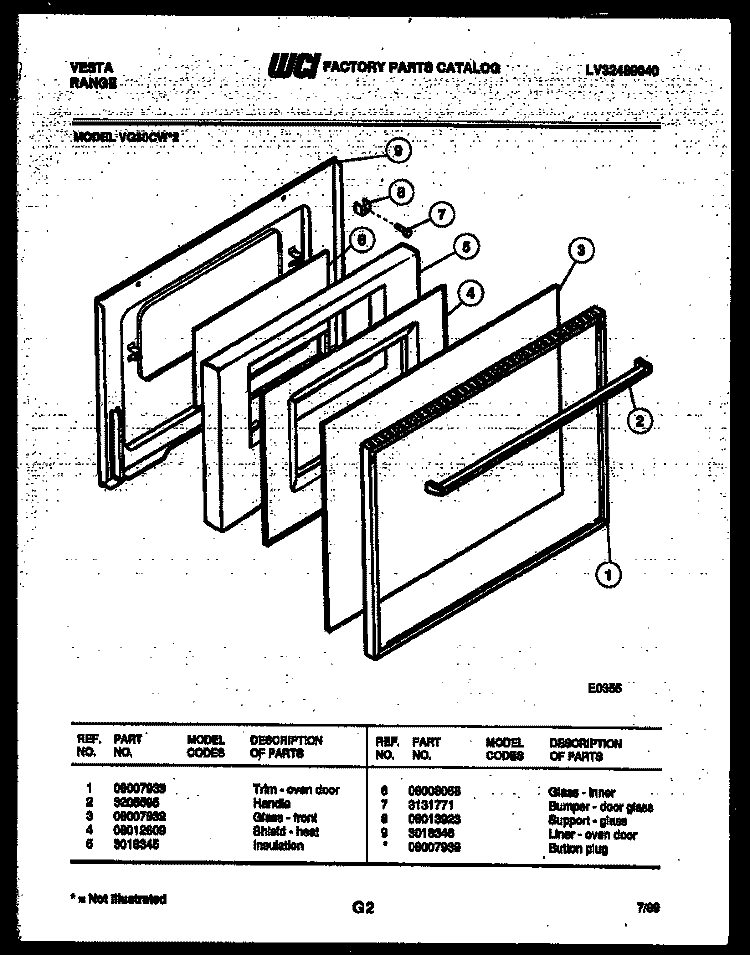 DOOR PARTS Diagram and Parts List for VG30CW2  Tappan Range