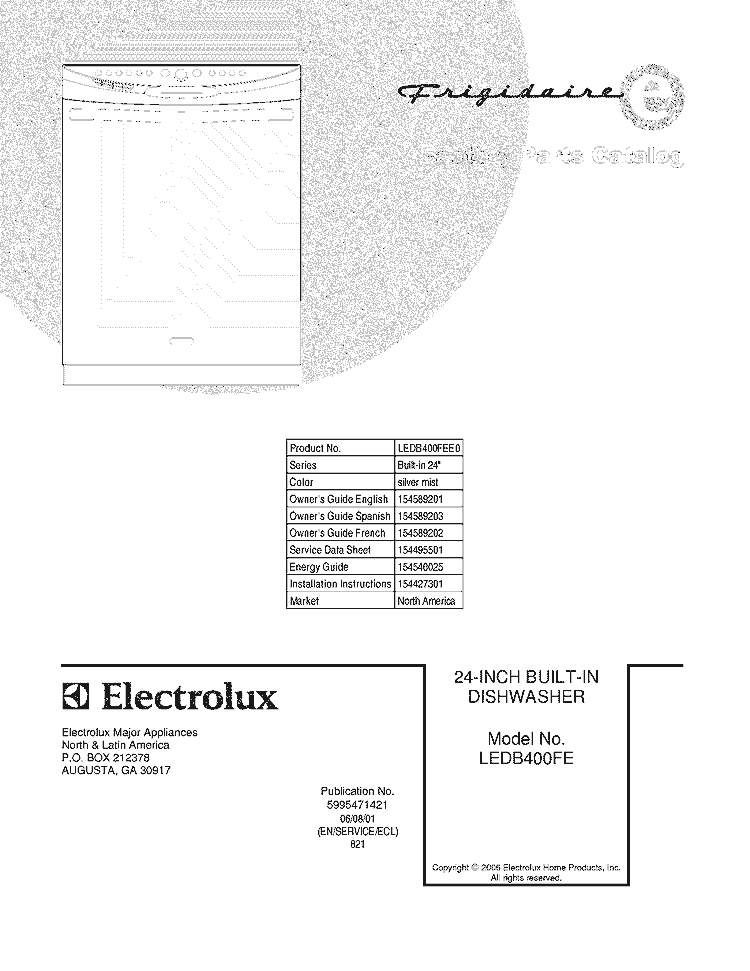 COVER Diagram and Parts List for LEDB400FEE0  Frigidaire Dishwasher