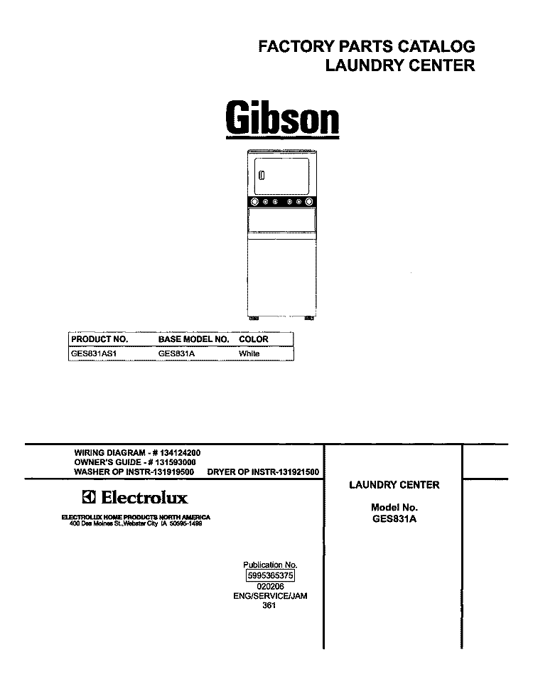 COVER Diagram and Parts List for GES831AS1  Gibson Washer Dryer Combo