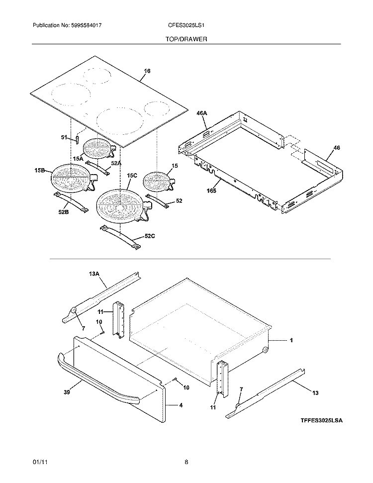 TOP/DRAWER Diagram and Parts List for CFES3025LS1  Frigidaire Range