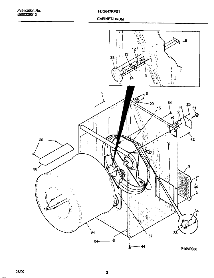 P16V0036 DRY CAB, HEATER Diagram and Parts List for FDG647RFS1  Frigidaire Dryer