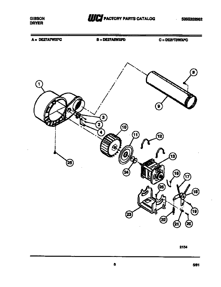 BLOWER AND DRIVE PARTS Diagram and Parts List for DE27T3WXFC  Gibson Dryer