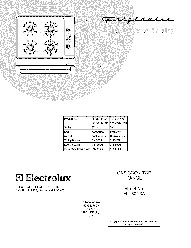 COVER Diagram and Parts List for FLC30C3AUC  Frigidaire Cooktop