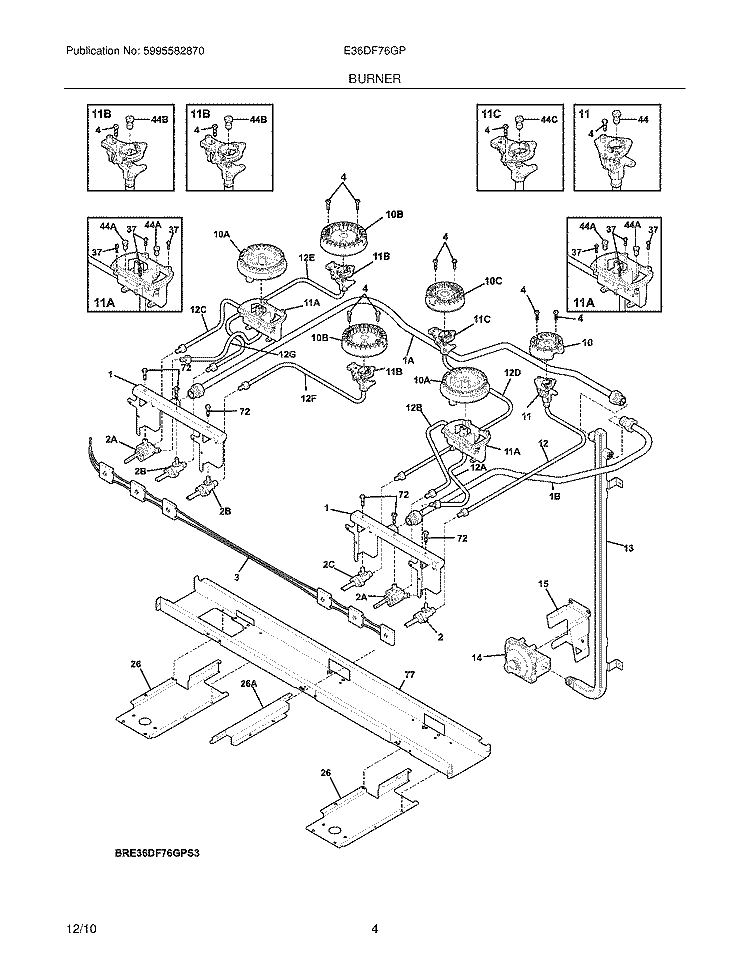 BURNER Diagram and Parts List for E36DF76GPS3  Electrolux Range