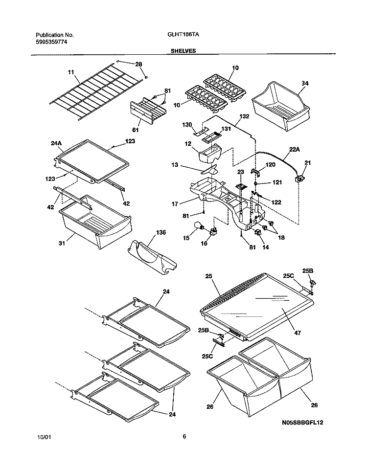 SHELVES Diagram and Parts List for GLHT186TAQ0  Frigidaire Refrigerator