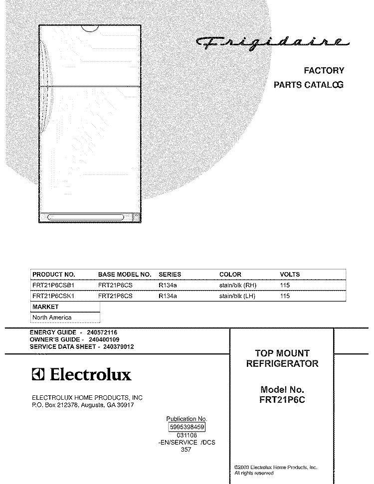 COVER Diagram and Parts List for FRT21P6CSB1  Frigidaire Refrigerator