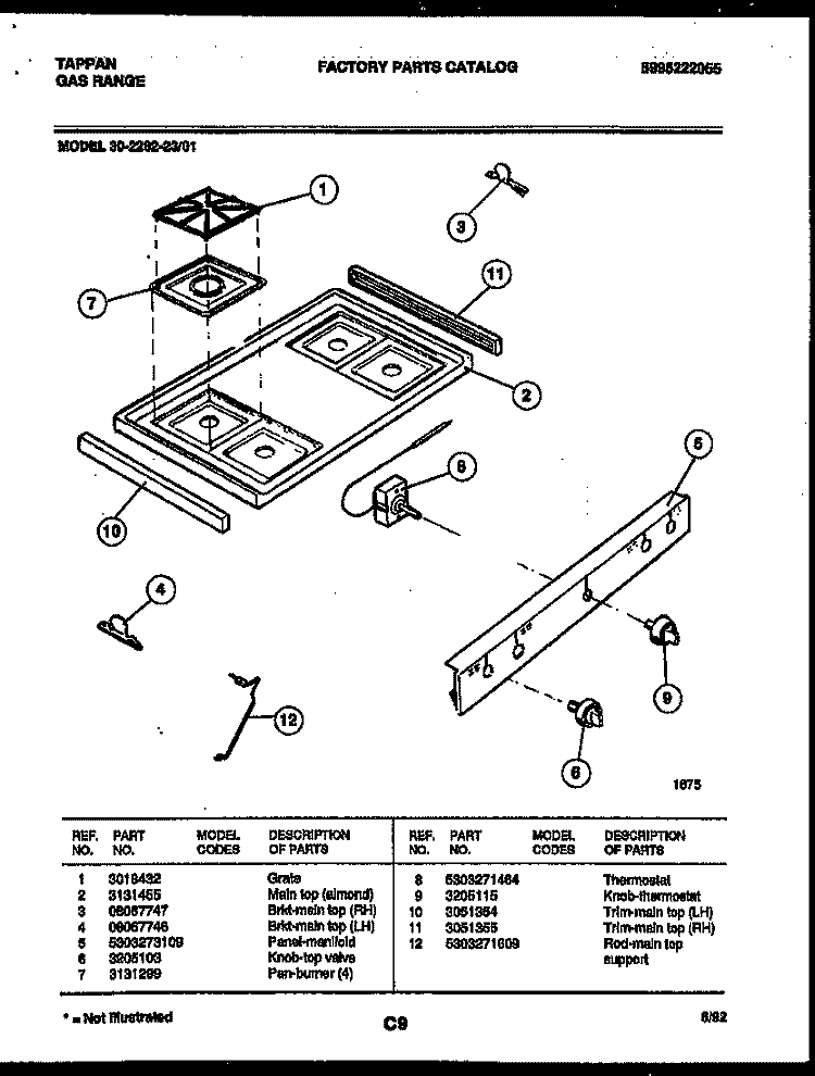 COOKTOP PARTS Diagram and Parts List for 30-2262-23-01  Tappan Range