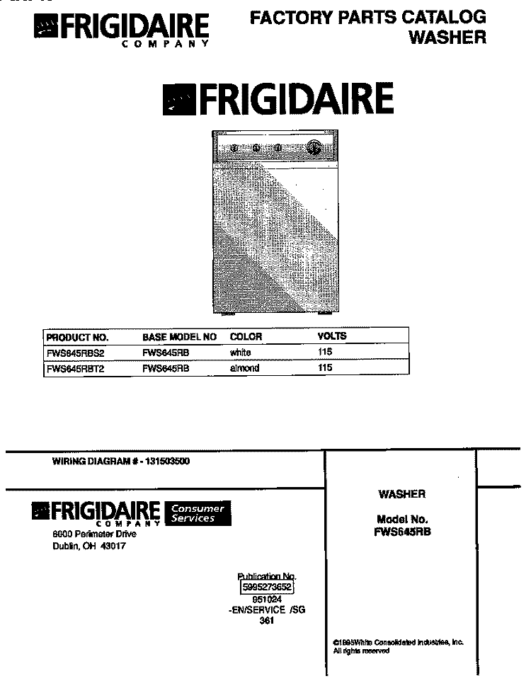 COVER Diagram and Parts List for FWS645RBT2  Frigidaire Washer