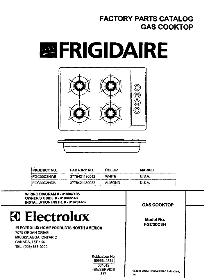 COVER Diagram and Parts List for FGC30C3HWB  Frigidaire Cooktop