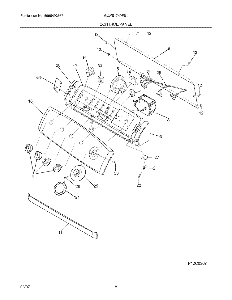 CONTROL PANEL Diagram and Parts List for GLWS1749FS1  Frigidaire Washer