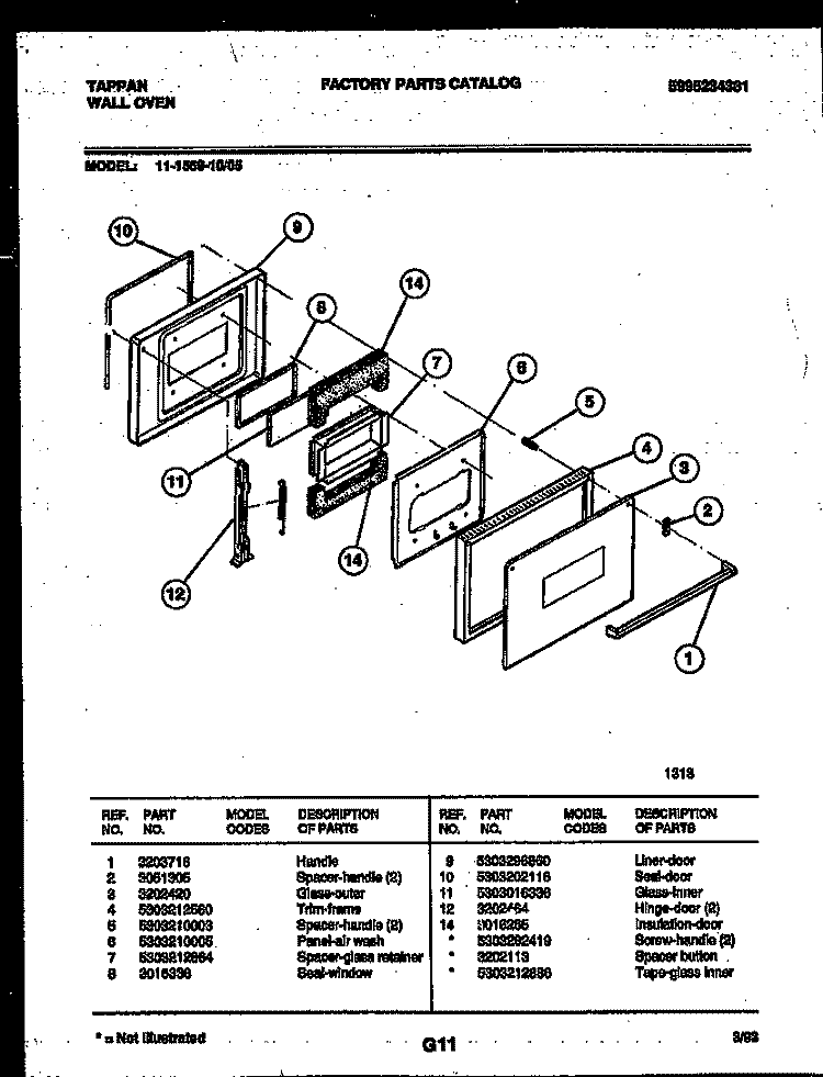 DOOR PARTS Diagram and Parts List for 11-1559-00-05  Tappan Wall Oven