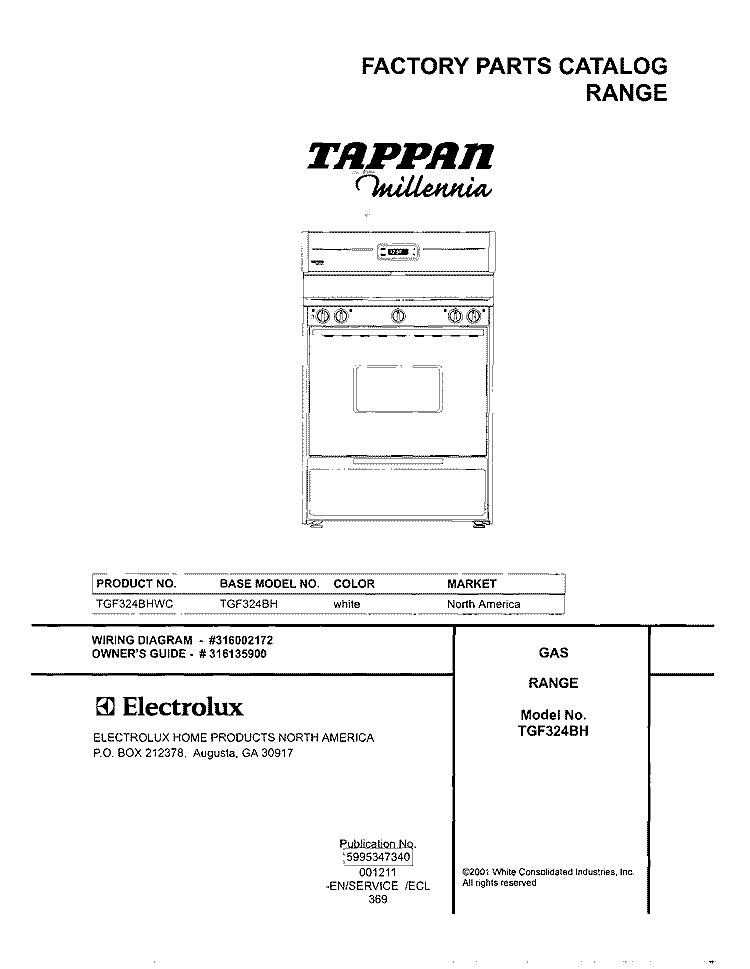 COVER Diagram and Parts List for TGF324BHWC  Tappan Range