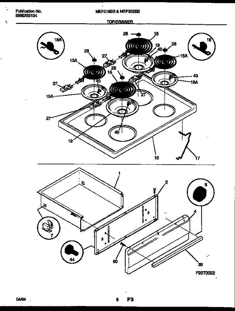 COOKTOP AND DRAWER PARTS Diagram and Parts List for MEF318BBWA  Frigidaire Range