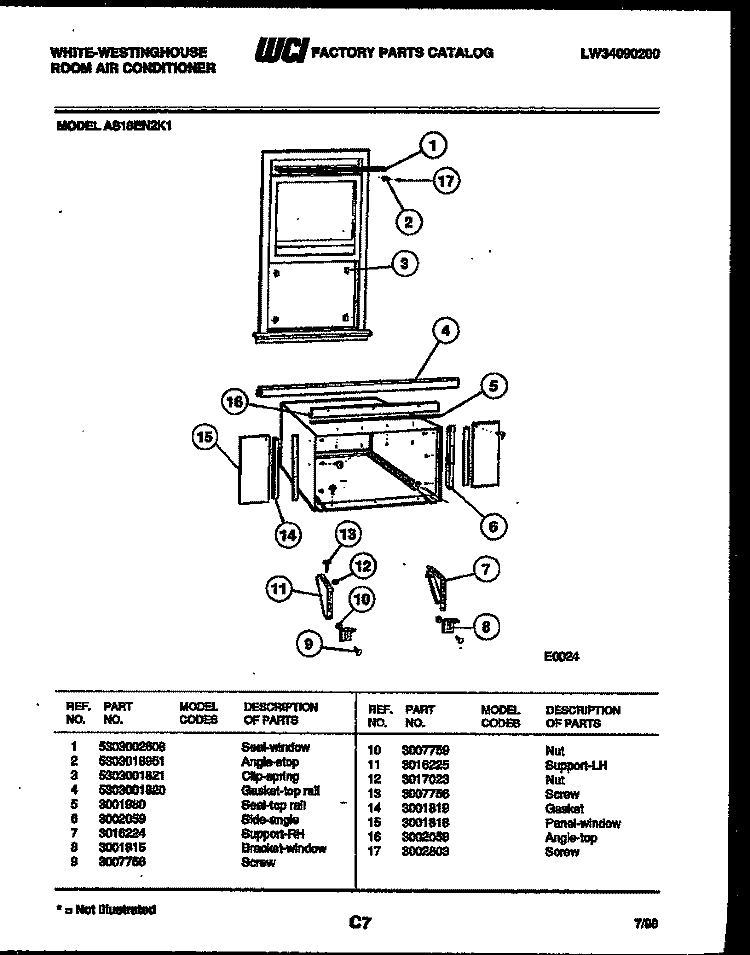 CABINET AND INSTALLATION PARTS Diagram and Parts List for AS18EN2K1  Frigidaire Air Conditioner