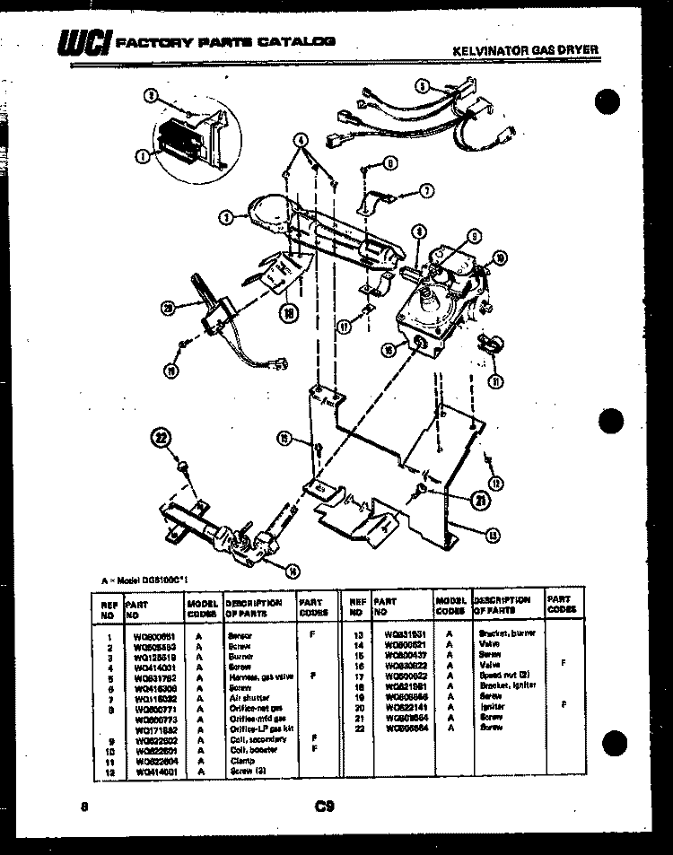 BURNER, IGNITER AND VALVE Diagram and Parts List for DGS100CD1  Kelvinator Dryer