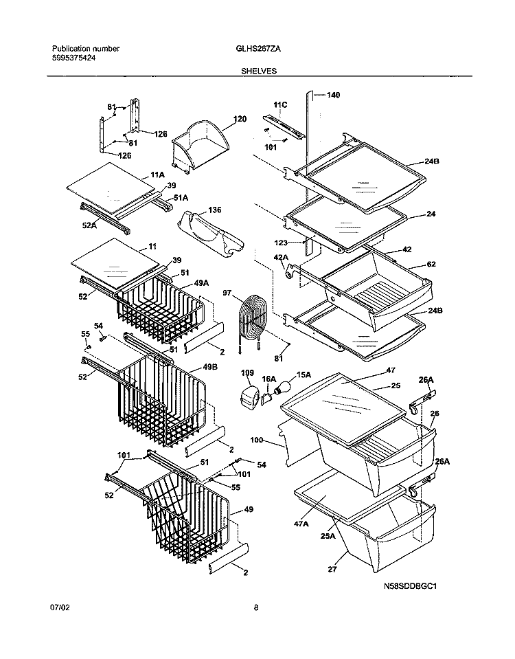 SHELVES Diagram and Parts List for GLHS267ZAW3  Frigidaire Refrigerator