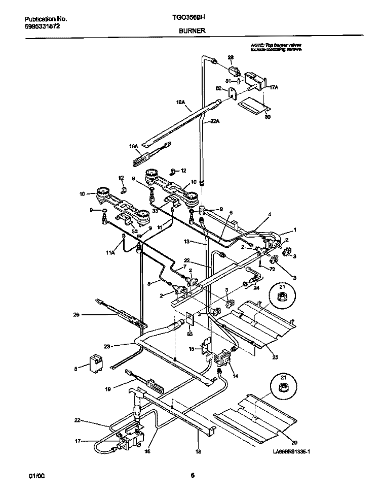 BURNER Diagram and Parts List for TGO356BHD2  Tappan Range