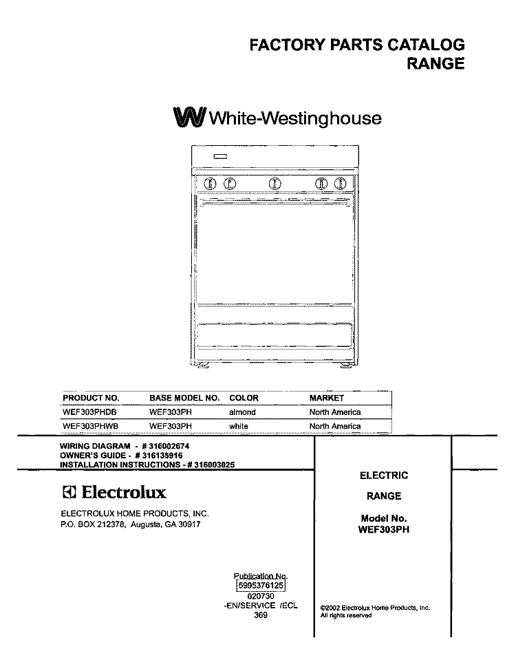 COVER Diagram and Parts List for WEF303PHDB  Westinghouse Range